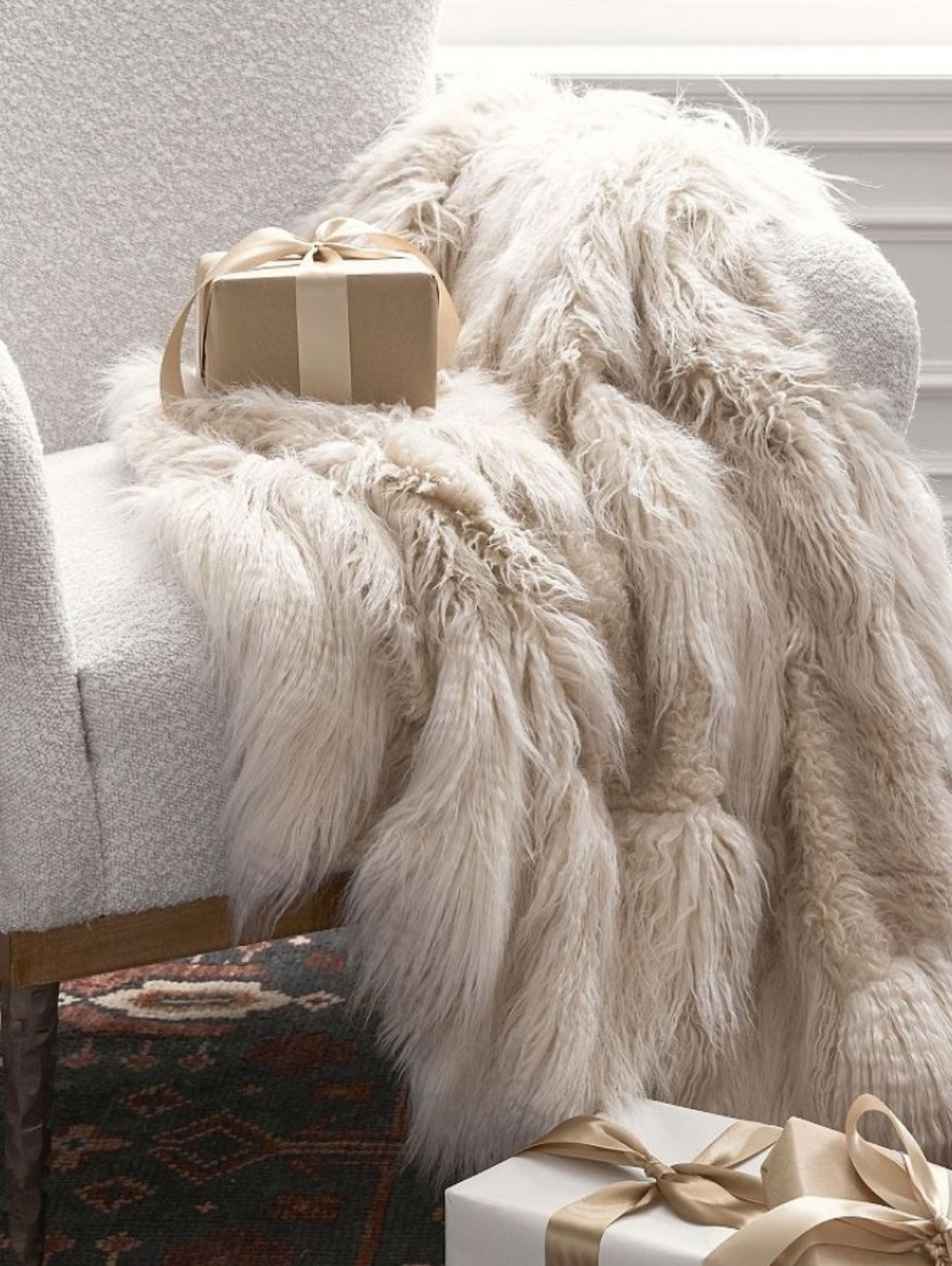 Pottery Barn - Mongolian Patchwork beige Faux Fur Throw